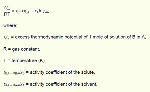 GEm/(R·T) = xB·ln(gBA)+xA·ln(gAA), where: GEm = excess thermodynamic potential of 1 mole of solution of B in A; R = gas constant; T = temperature (K); gBA = aBA/xB = activity coefficient of the solute; gAA = aAA/xA = activity coefficient of the solvent